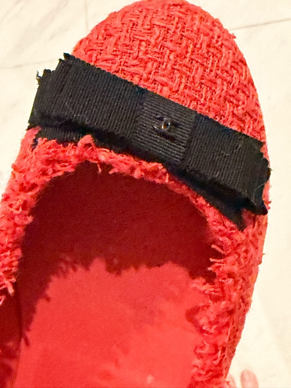 CHANEL Red Tweed Flats with Black Bow